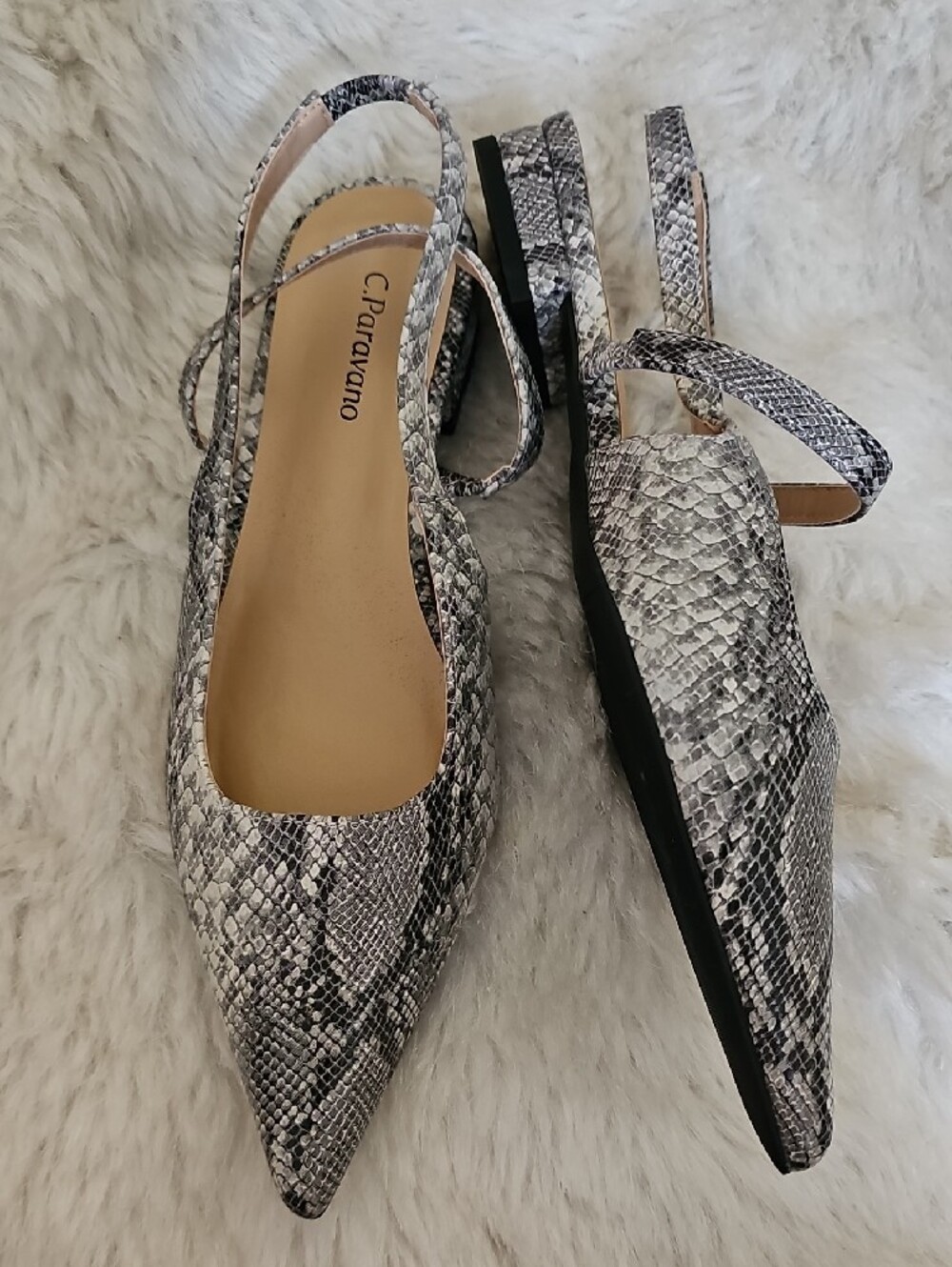 C.Paoxano Pointed-Toe Snake-Print Mary Jane Flats in Gray - Picture 3 of 8